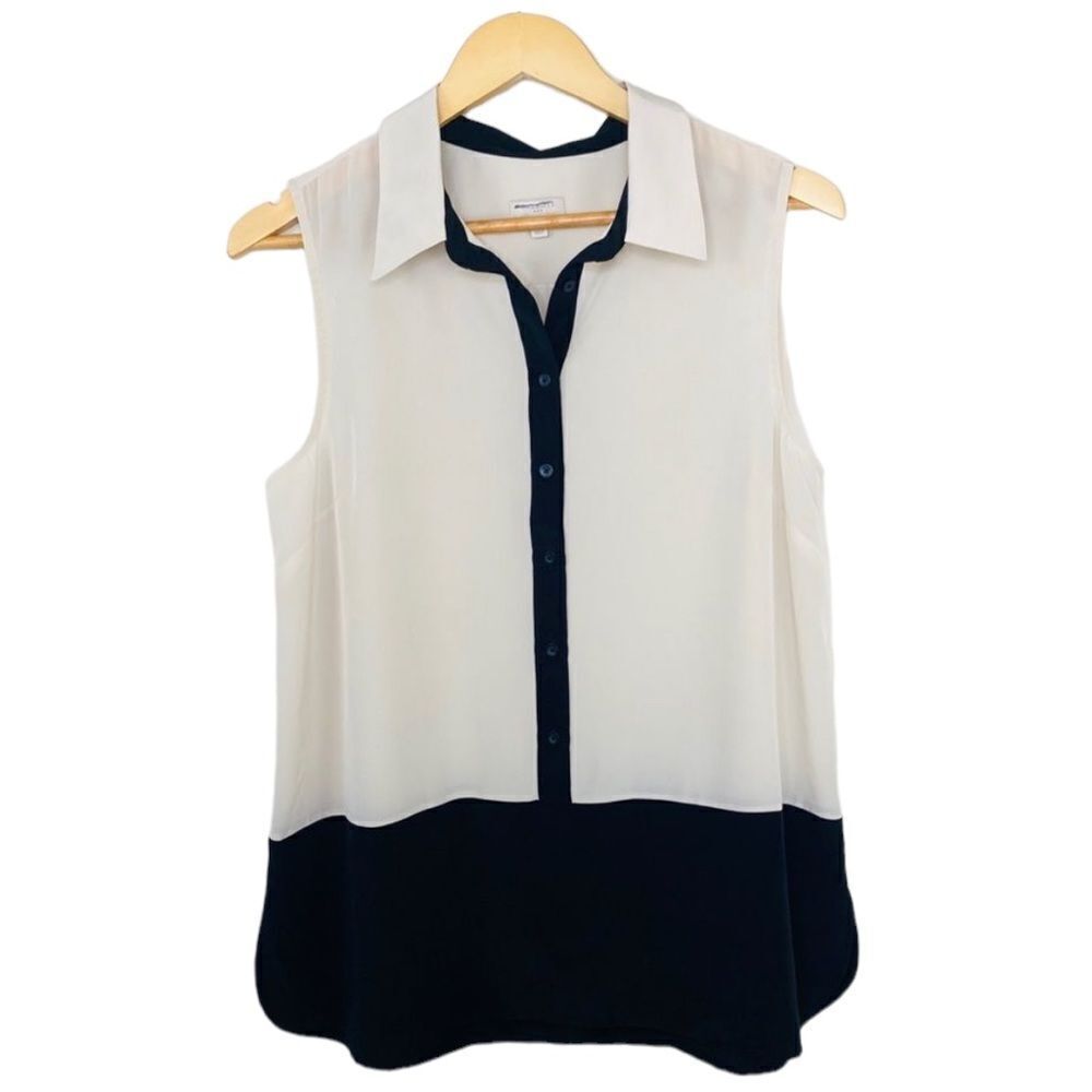Talbots ivory and black color-block button up sleeveless top size medium
